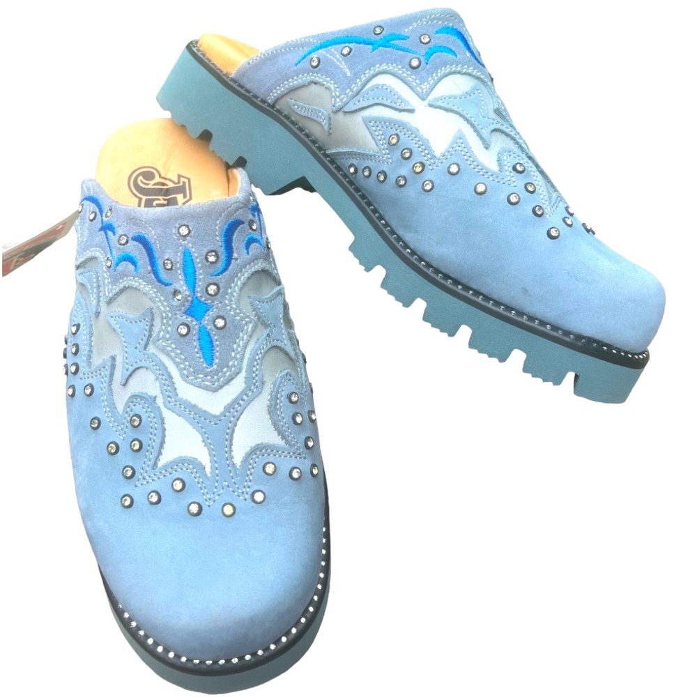Y2K Justin Boots Light Blue Suede Embellished Clogs